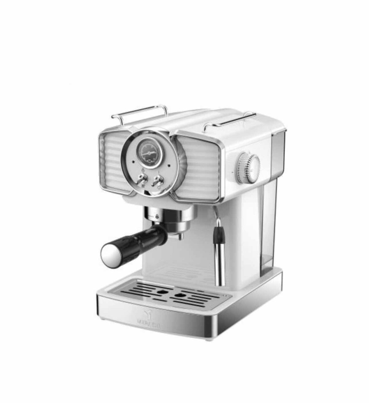 Me ecm 2037 w. Jpg بدنه اسپرسوساز مباشی me-ecm2037 از ترکیب استیل ضد زنگ و پلاستیک ساخته شده و روی آن پنلی به صورت خلاقانه و نوستالژی از کلیدهای مکانیکی فلزی به همراه عقربه نمایشگر میزان فشار برحسب بار طراحی شده است. این دستگاه همچنین دارای پیچ تنظیم بخار برای تنظیم میزان دلخواه بخار خروجی جهت فوم گیری بهتر می باشد. اسپرسوساز مباشی me-ecm2037